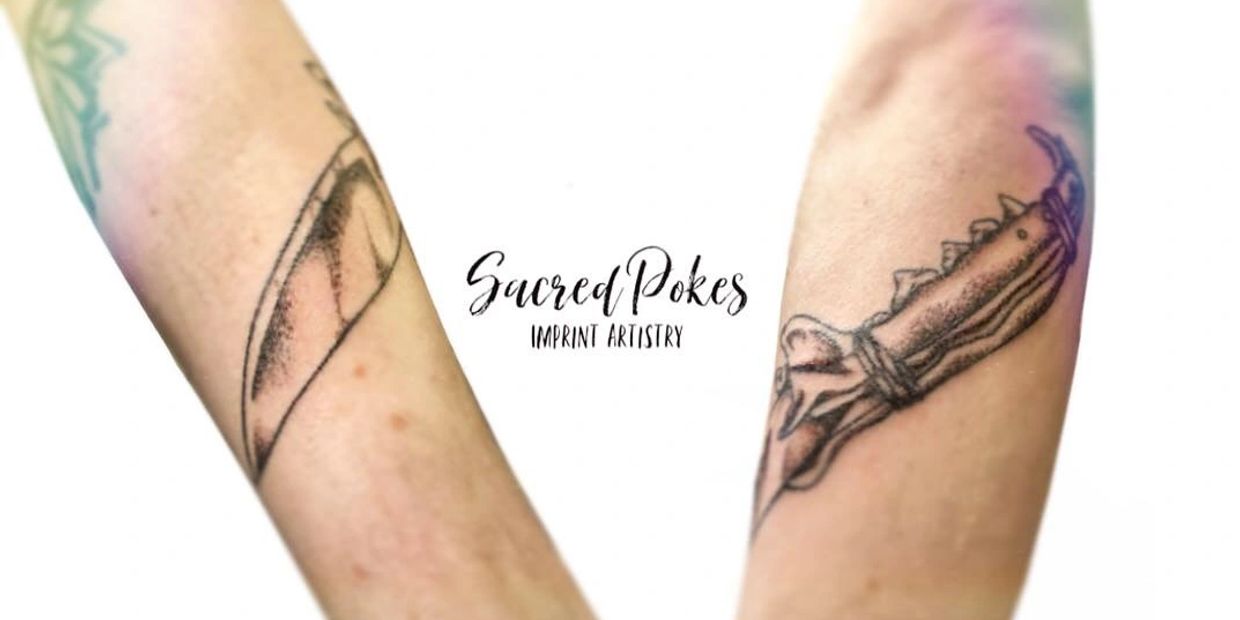 Text reads Sacred pokes and an arm depicts an imprint of a knife made from coyote jaw
