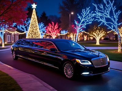 A sleek, black stretch limousine is parked in front of thousands of twinkling Christmas lights.