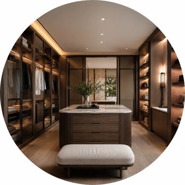 Luxurious walk-in closet with elegant wooden finishes and ambient lighting.