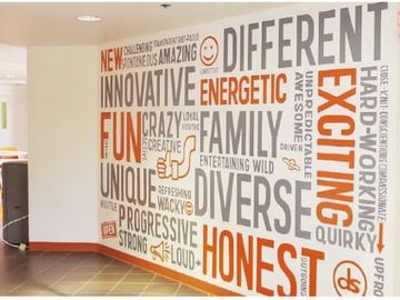 a picture of a wall covered with decals and vinyl letters