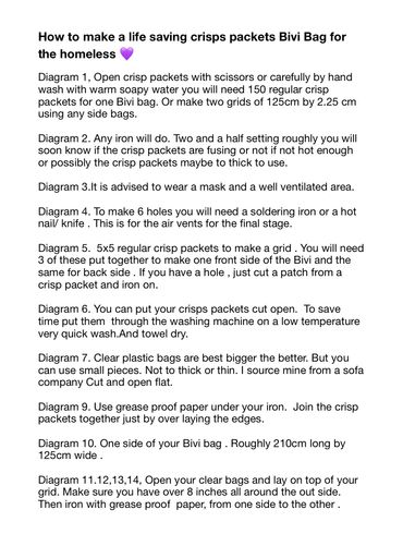 Written instructions on how to make a crisp packet bivi bag for the homeless