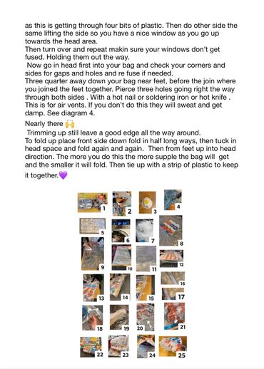 Written instructions on how to make a crisp packet bivi bag for the homeless