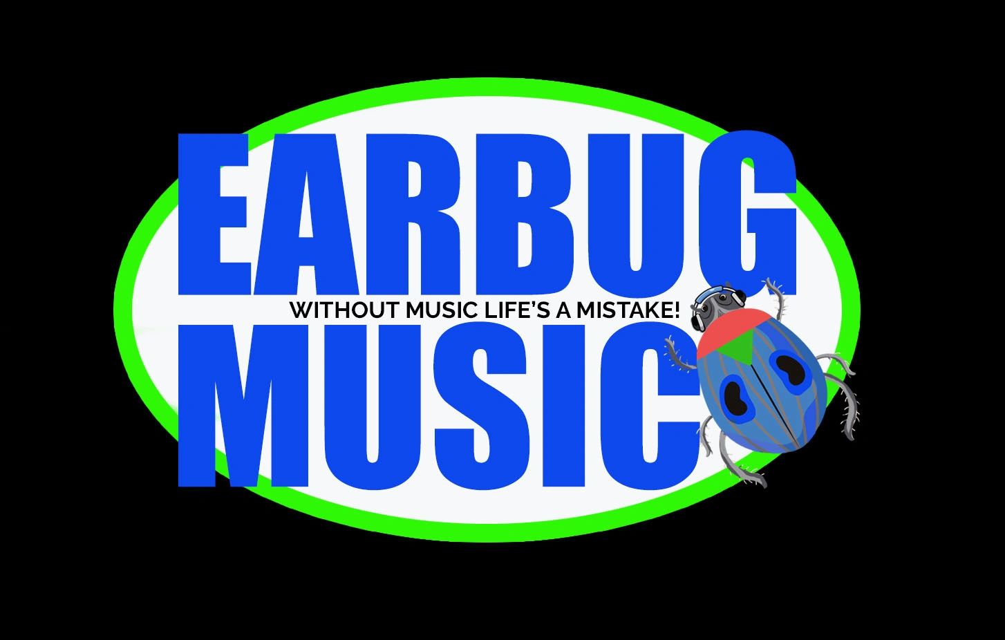 White oval with bright green trim containing the words Earbug Music.  Small colorful bug in corner