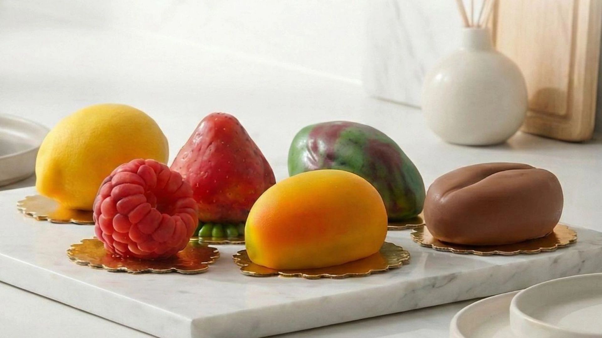 VARIOUS FRUIT SHAPED CAKES ON A TABLE