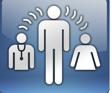 Three stylized human icons representing communication or connection.