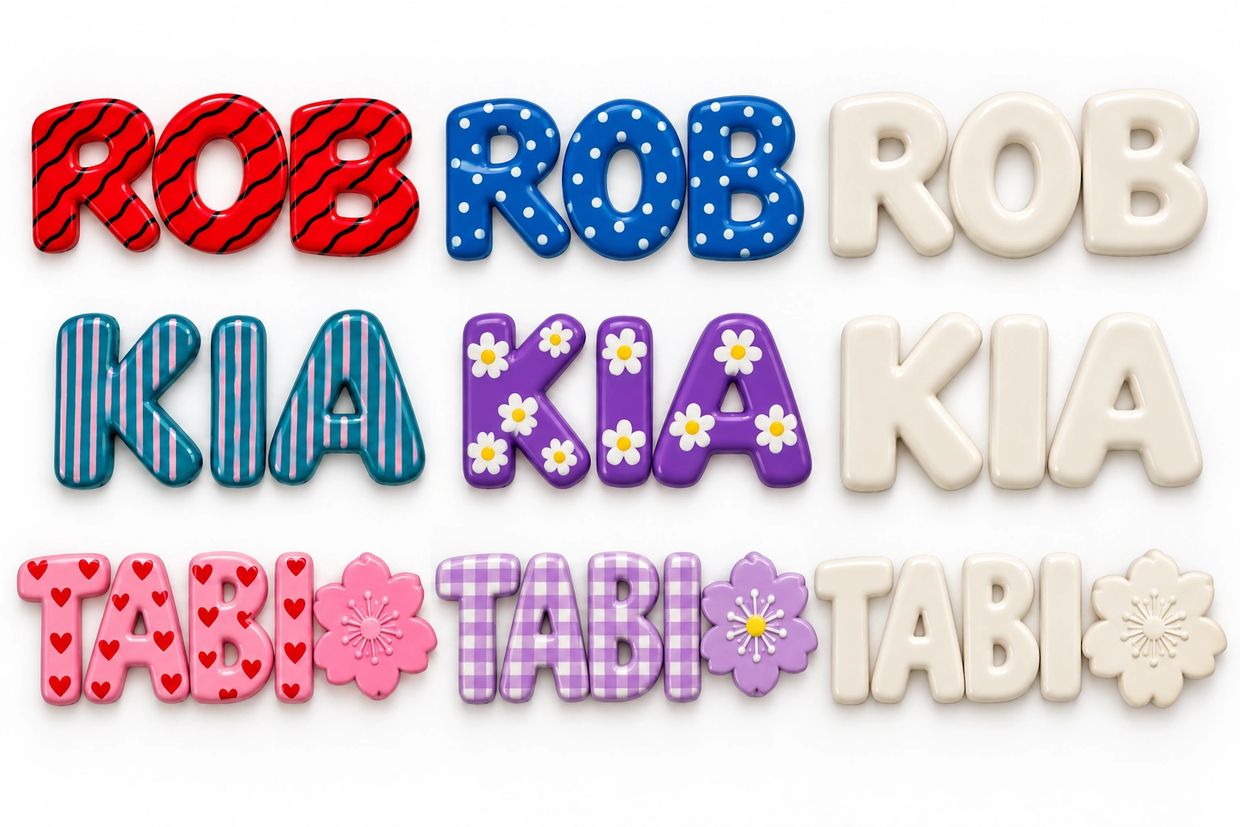 Colorful decorated letters spelling ROB, KIA, and TABI.