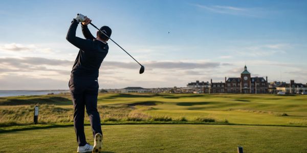 Golfer swinging on a green golf course with clubhouse in background.