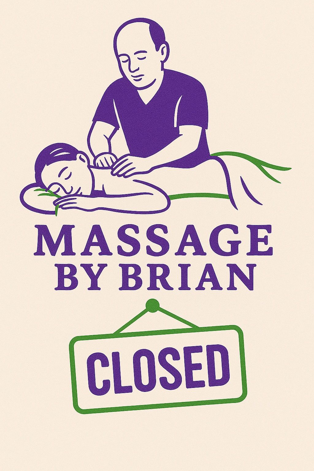 Outline diagram of a middle aged man massaging a client with a “closed” sign in the foreground