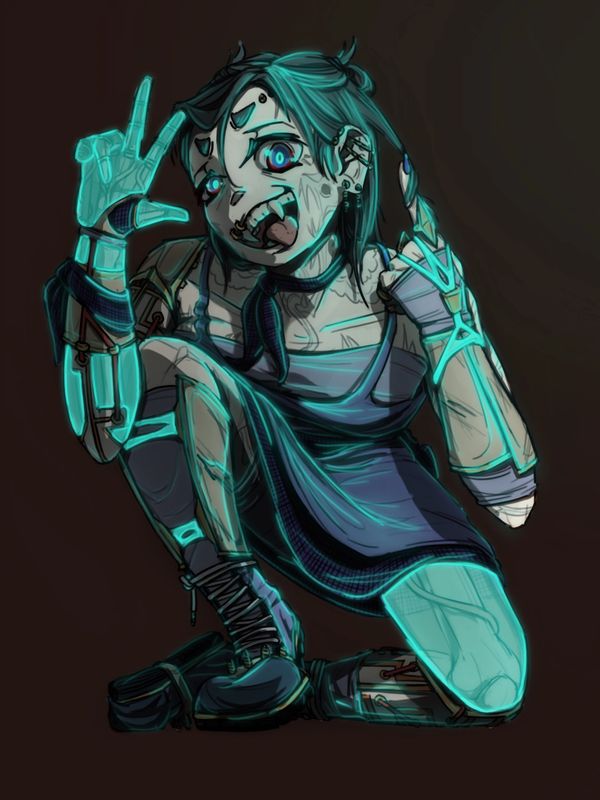 Cyberpunk girl with glowing robotic limbs crouches, making playful hand signs.