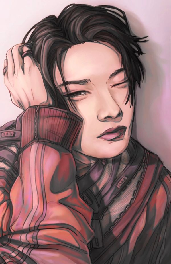 Artistic digital portrait of a person with dark hair and a red jacket.