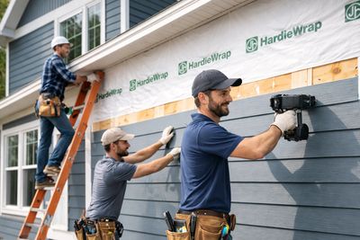 Three workers installing blue siding on a house exterior.