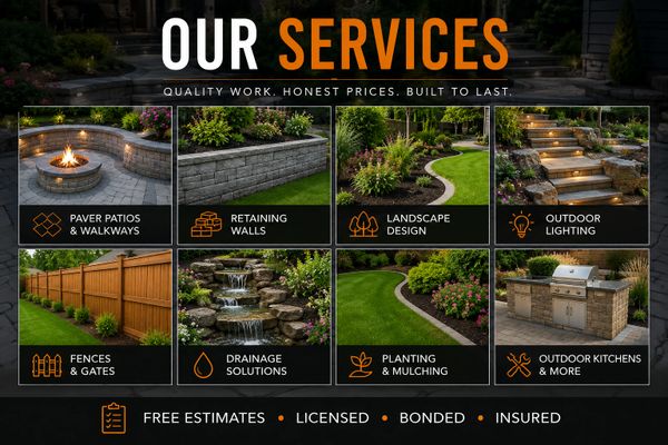 Outdoor home improvement services including patios, walls, lighting, fencing, and kitchens.
