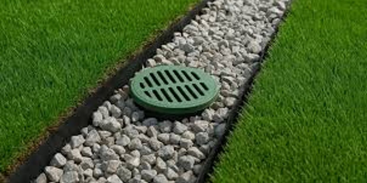 A green drain cover amidst white stones between green grass patches.