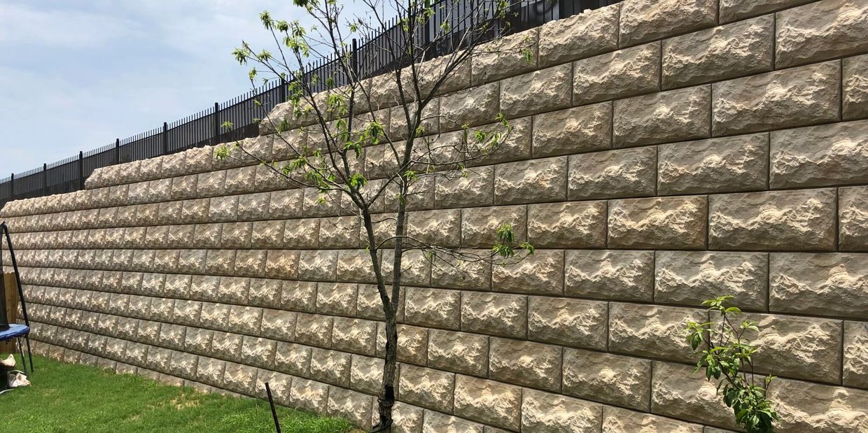 A textured retaining wall with a young tree and green grass in front.