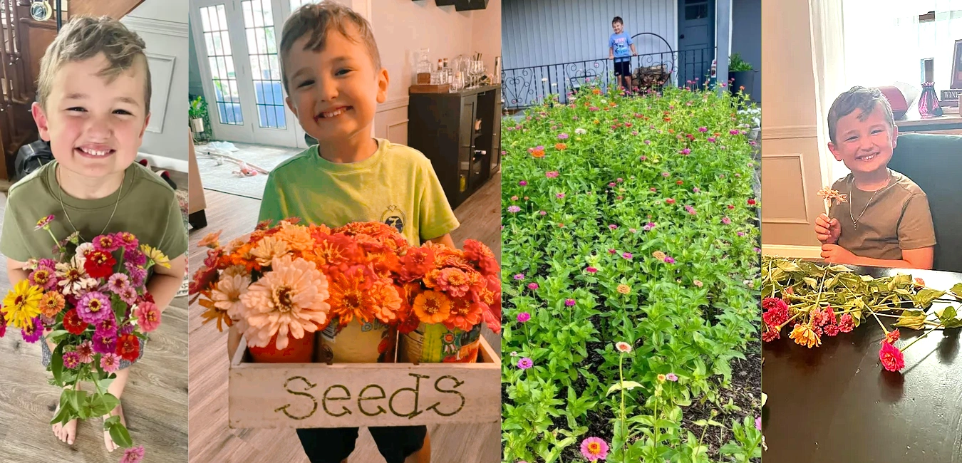 A happy boy holding and surrounded by colorful flowers from his garden.