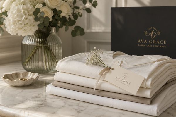 Beautifully folded garments on marble, representing Ava Grace’s bespoke fabric care concierge.