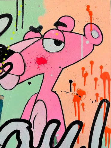 Graffiti-style Pink Panther with paint splatters and drips on colorful background.