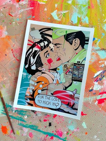 Pop art of a couple kissing with paint splatters and the text 'FOR THE LOVE TO KICK IN?'.