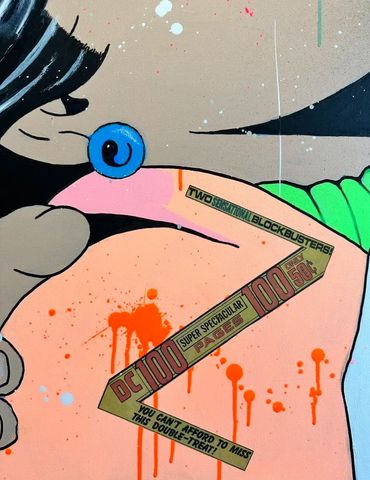 Pop art style close-up of a face with bold colors and comic book text elements.