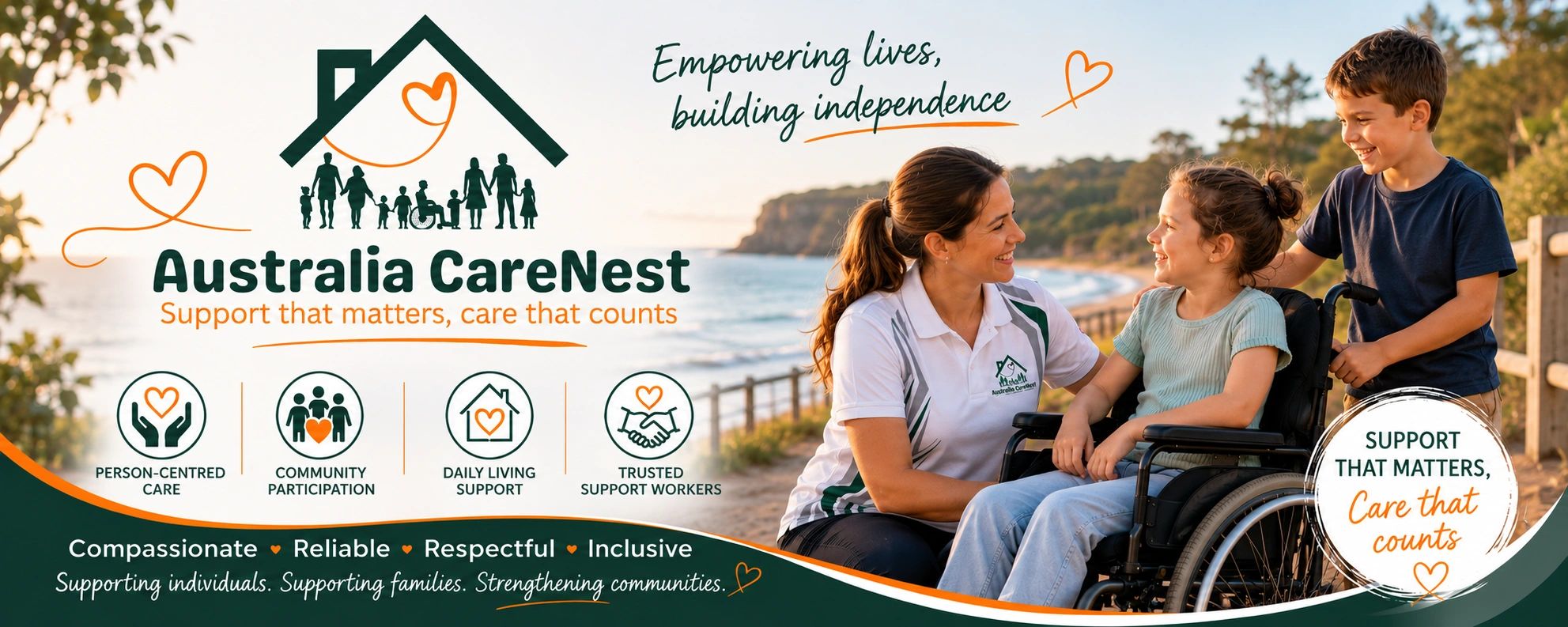 Support workers and client in wheelchair enjoying the sea side veiw