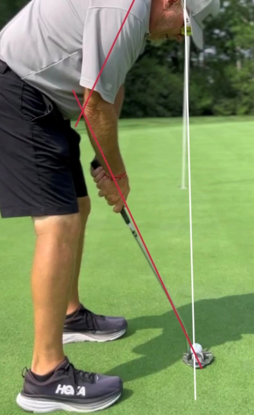 Man putting standing over a golf ball. Lines drawn on the image to show alignment.