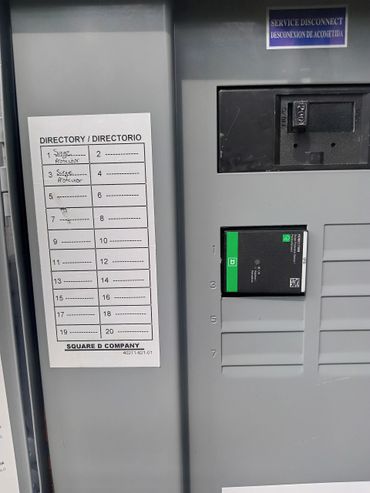 Electrical panel with labeled surge protector slots and a service disconnect switch.