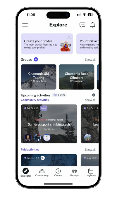 Screenshot of the Oak app with different ski, ski touring, mountaineering activities in Val Thorens