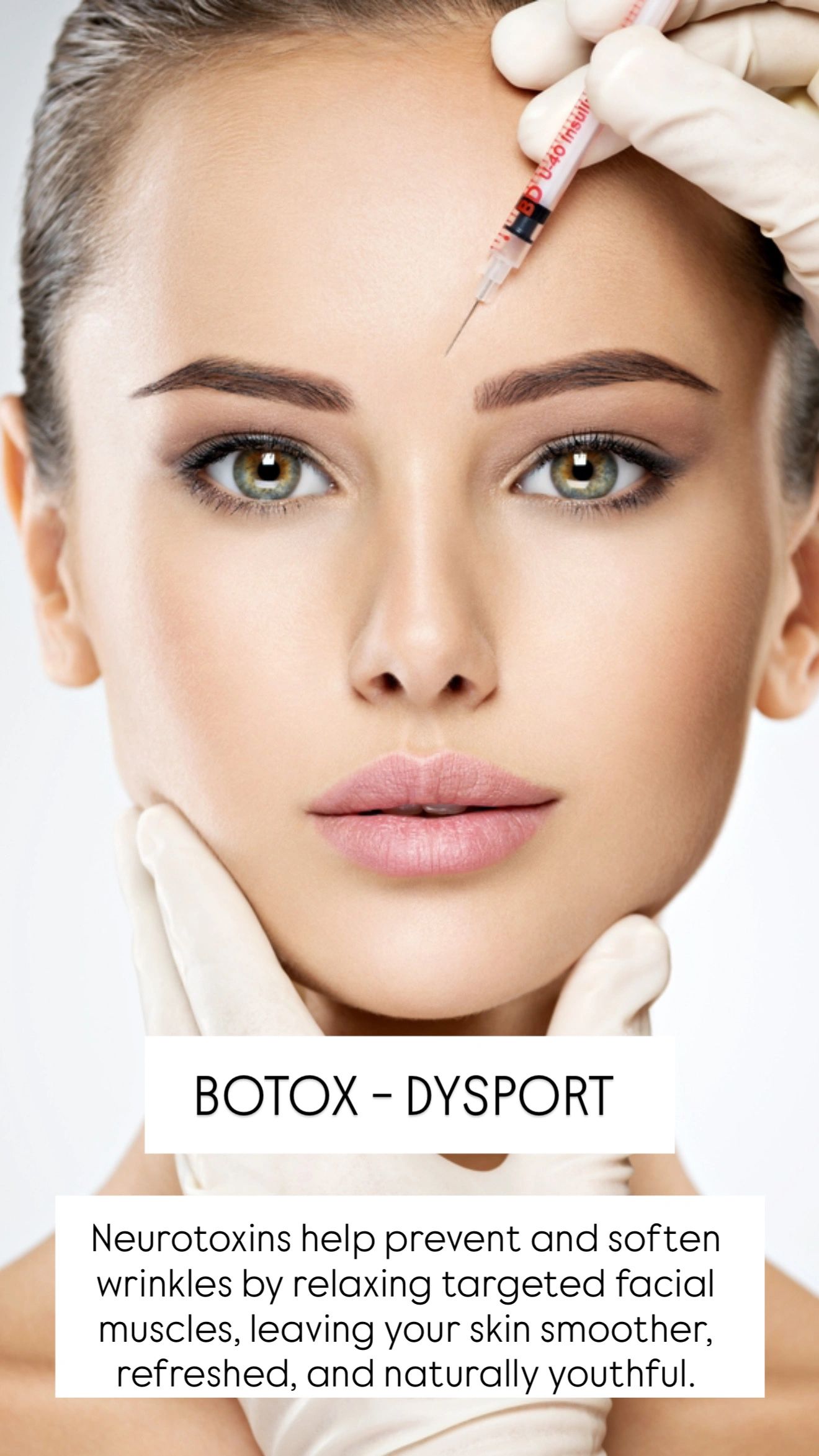 Woman receiving botox injection to smooth wrinkles.