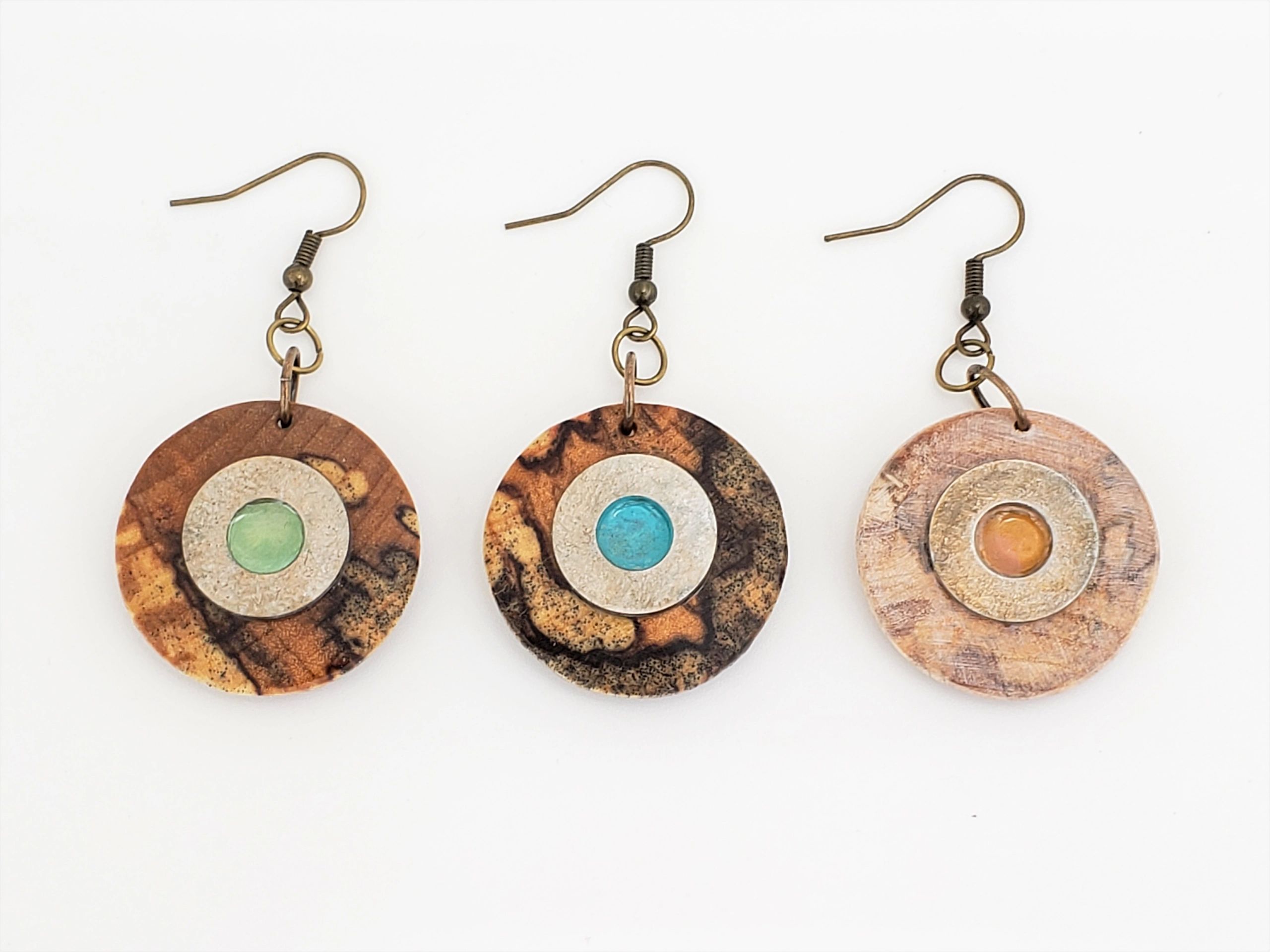 wood earrings handmade round jade green turquoise blue coral orange