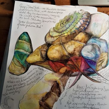 Travelling Sketchbook Essex Summer of Art - stone fish aquarelle drawing