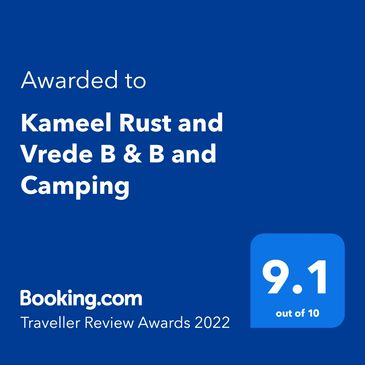 Kameel Rust and Vrede B & B and Camping awarded 9.1 by Booking.com in 2022.