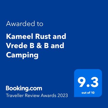 Booking.com Traveller Review Award 2023 for Kameel Rust and Vrede B & B and Camping with a 9.3 rating.