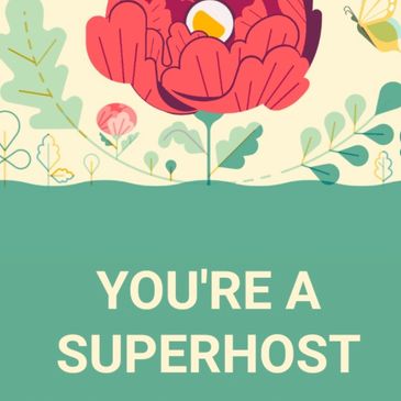 Airbnb congratulates Patrick for being a 10-time Superhost with a colorful flower illustration.