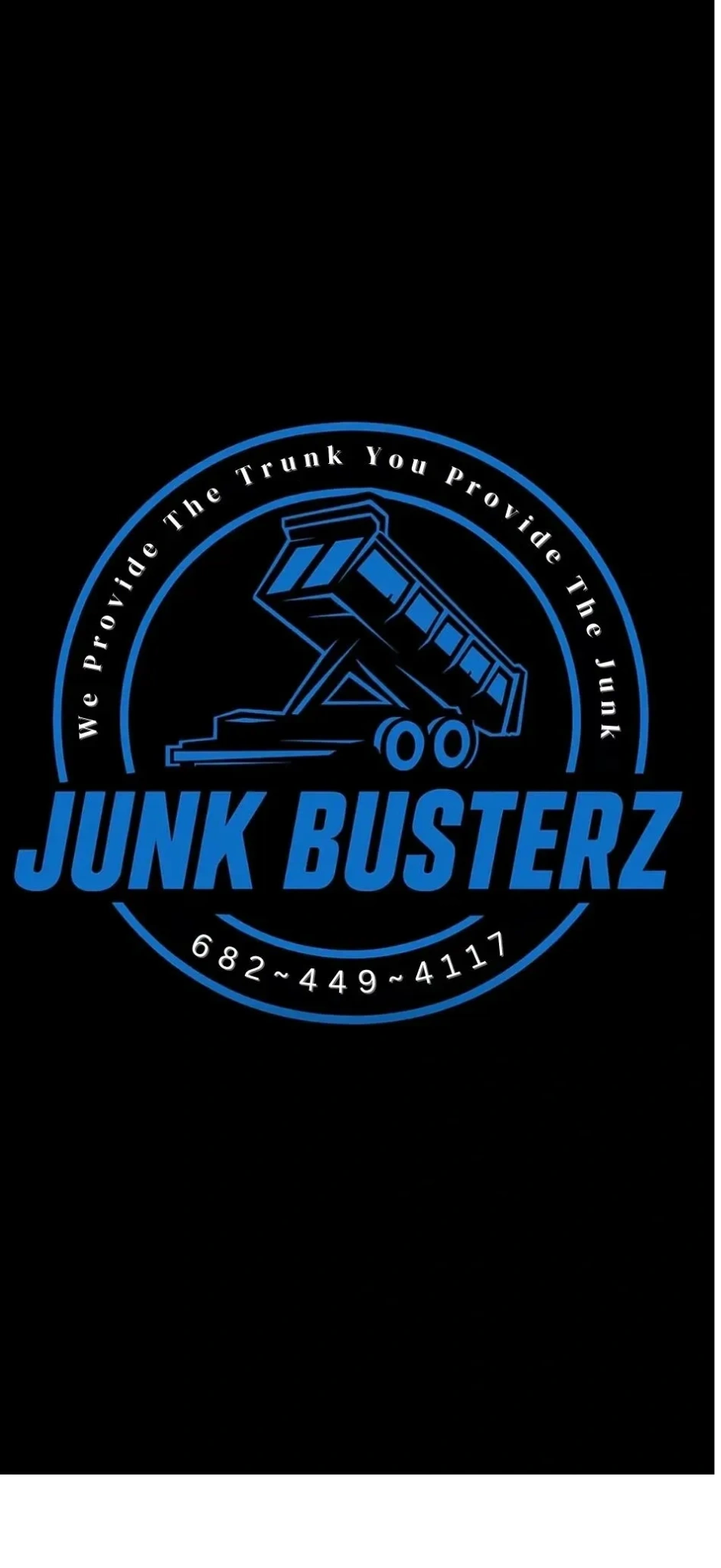 Blue logo for Junk Busterz with a dump truck and contact number.