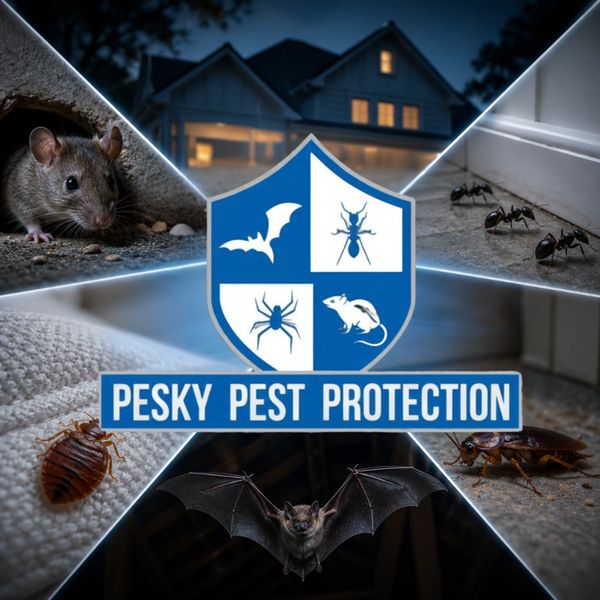 Logo of Pesky Pest Protection with images of common pests.