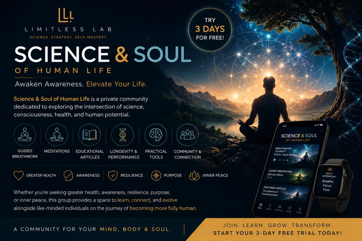 Promotional poster for 'Science & Soul of Human Life' community and free trial.