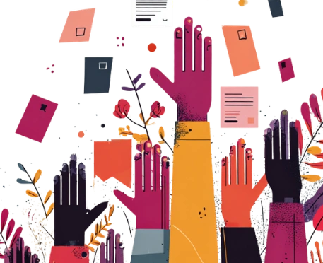 Illustration of raised colorful hands among floating documents.