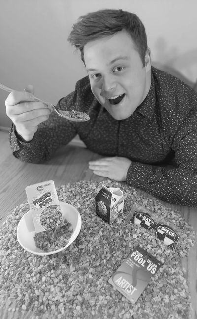 Cereal King celebrating National Cereal Day with his props for Penn and Teller Fool US season 8!