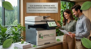 Impressora sustentável com compensação de carbono em escritório moderno.