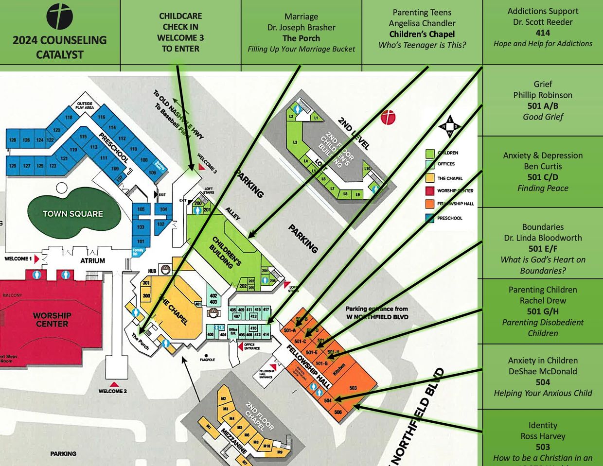 2024 Counseling Catalyst event map with session locations and topics.