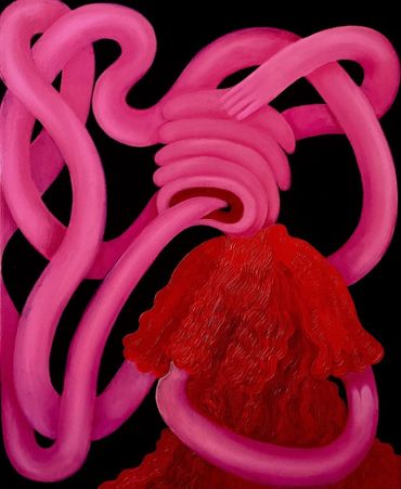A surreal artwork featuring intertwined pink tubes and a textured red form against a black background.