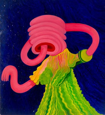 Abstract figure with pink tubular arms and a vibrant yellow-green dress on a blue background.