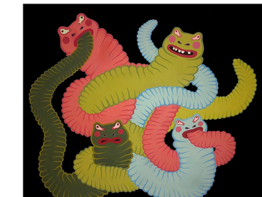 Colorful worm-like creatures with frog faces intertwined on black background.
