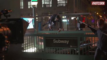 Getting the WarpCam® shot of Chadwick Boseman jumping over the handrail