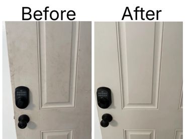 Before and after cleaning a white door with black lock and handle.