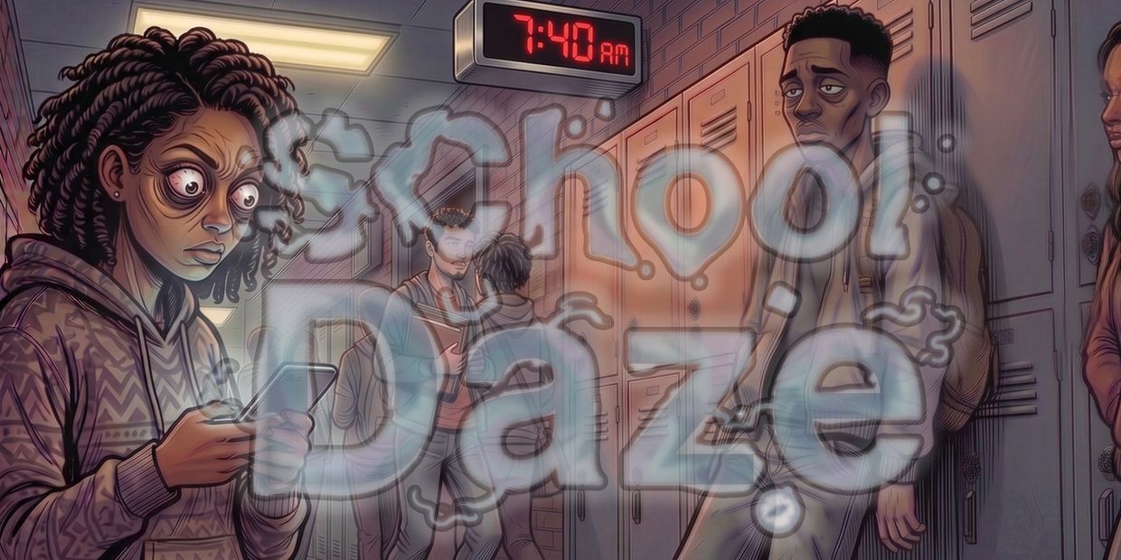 Anxious students in a school hallway at 7:40 AM.