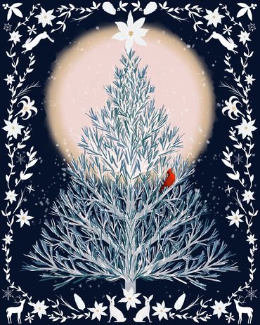 Winter Nights with evergreen and cardinal against a full moon with thematic border.