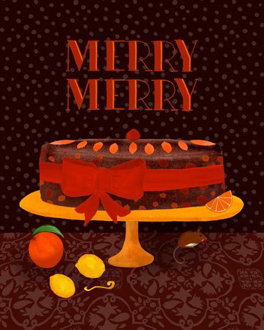 Fruitcake on platter with patterned background, fruits and mouse; handlettered - Michelle Ingari