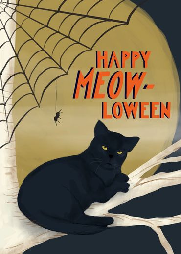 Black cat in a tree with a spider and Happy Meowloween hand lettering - Michelle Ingari