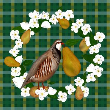 Partridge with pear wreath on tartan background - Michelle Ingari